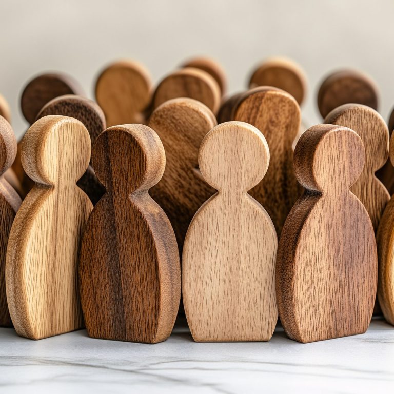 Holzfiguren in verschiedenen Holzarten, die Menschen darstellen und eng zusammenstehen.